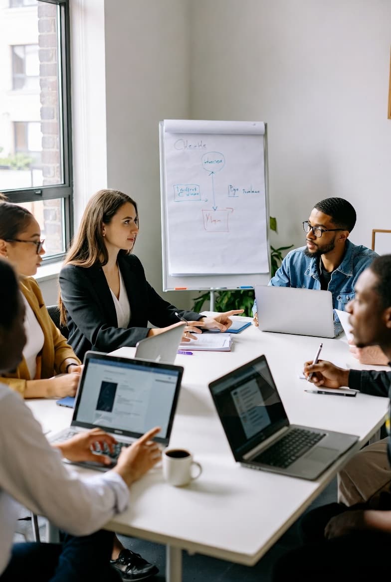 Team at whiteboard meeting